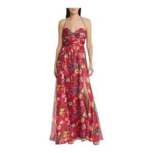 Marchesa Notte Red Cutout Floral-Print Sweetheart Charmeuse Gown